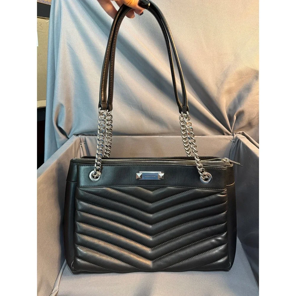 Michael Kors Black Quilted Leather Rose Shoulder Bag Silver Tone Hardware Tote